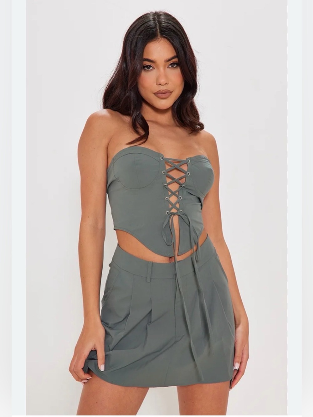 PrettyLittleThing Sage Green Lace Up Corset Top Size 8 Y2K Going Out Bustier